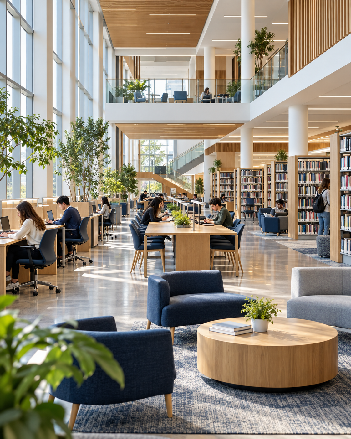Modern academic library learning commons with study spaces and bookshelves
